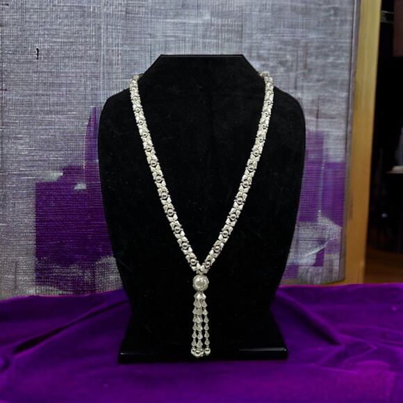 unknown Jewelry - Vintage 80s Silver Beaded Tassel Necklace - White Crystal Drop Statement Piece